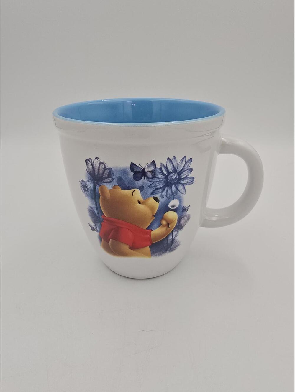 Disney Winnie the Pooh 18 oz Mug Blue Interior Butterflies Flowers Ceramic